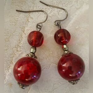 Red Beaded Crackle Glass Earrings